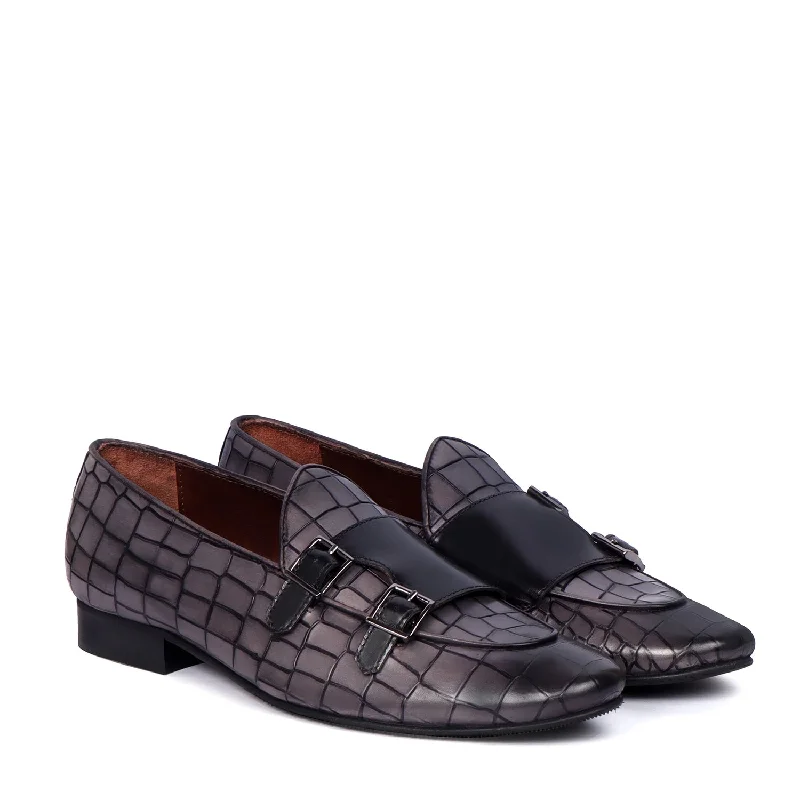 Grey Deep Cut Leather With Black Double Monk Buckle Strap Men Slip-Ons By Brune & Bareskin