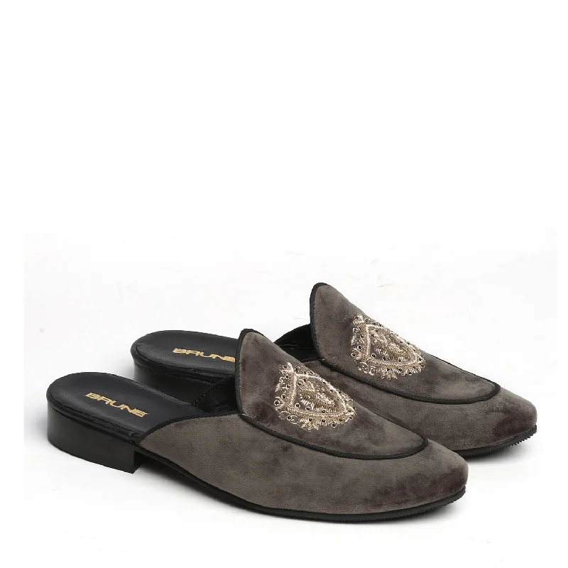 Grey Velvet Golden Crest Zardosi Mules By Brune & Bareskin