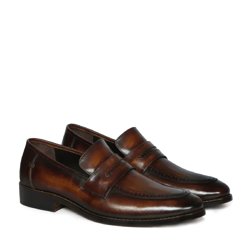 Patina Finish Leather Loafer with Brush Stroke Punching Apron Toe