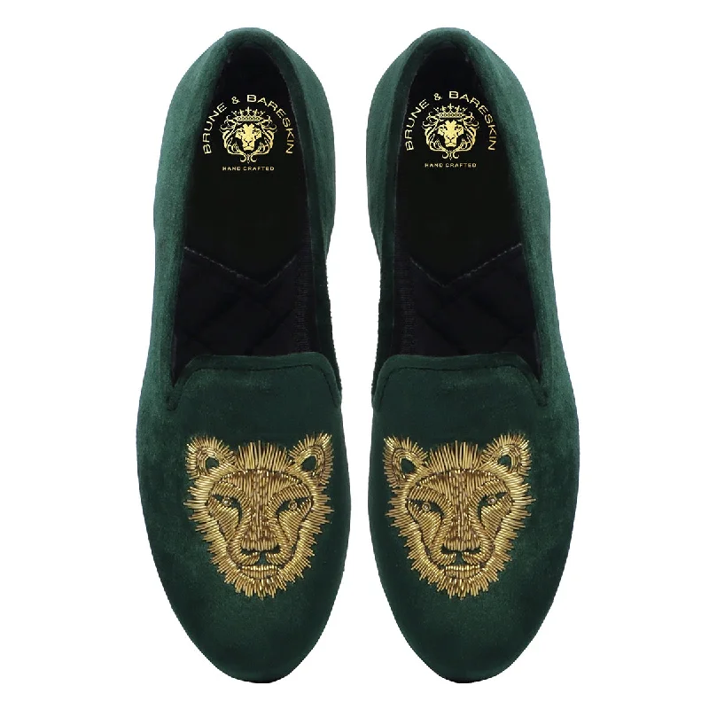 Golden Sleek Lion Zardosi Green Velvet Slip-Ons