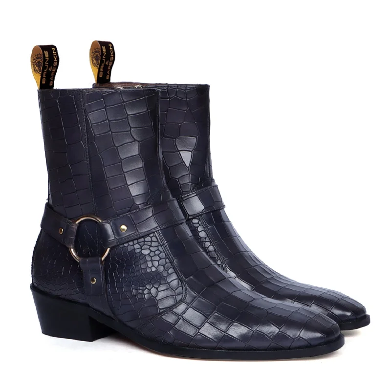 Grey Deep Cut Leather Boots Perfect Cuban Heel With Stylish Buckle Strap By Brune & Bareskin