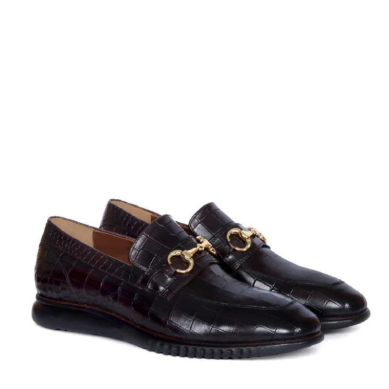 Light-Weight Loafer in Croco Textured Dark Brown Leather