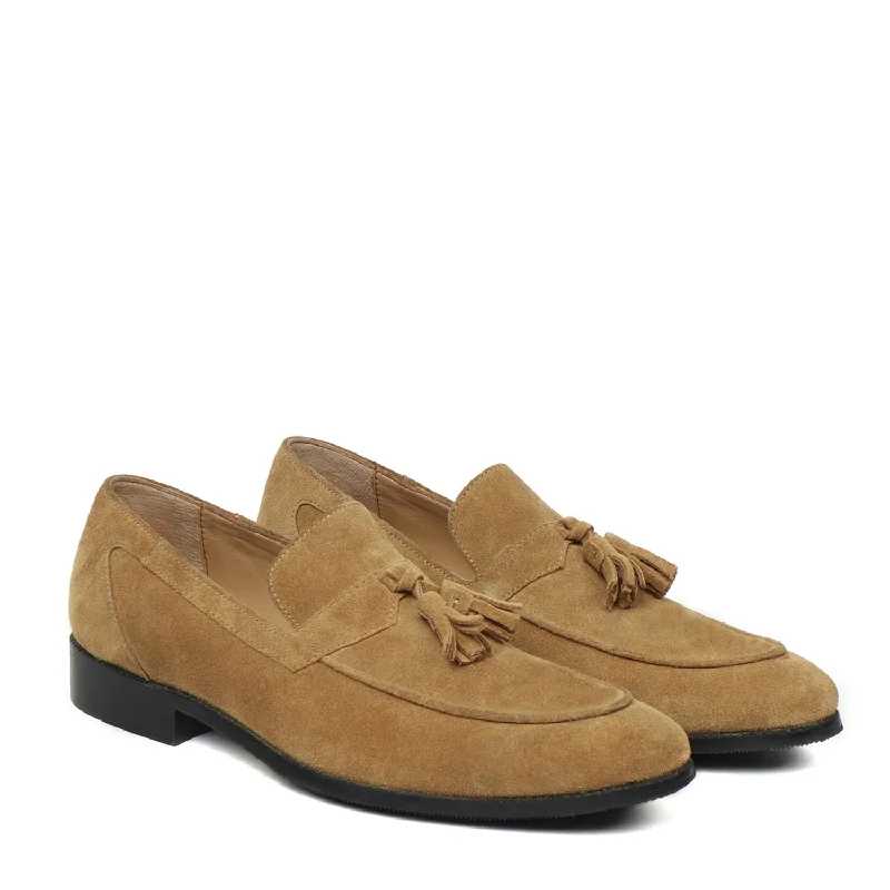 Camel Suede Leather Apron Toe Tassel Slip-ons by Brune & Bareskin