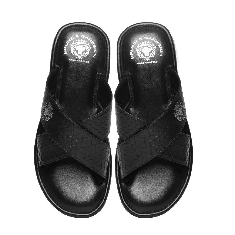 Black Snake Print Leather Cross Straps Comfy Slide-in Slippers By Brune & Bareskin