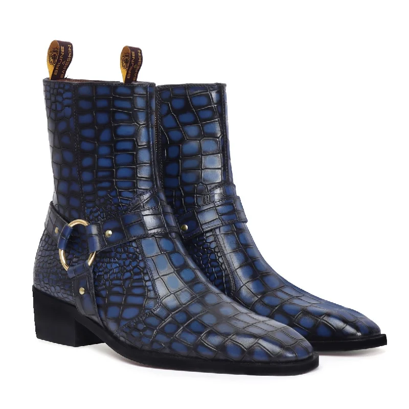 Cuban Boots with Stylish Buckle Strap for Men in Blue Deep Cut Leather